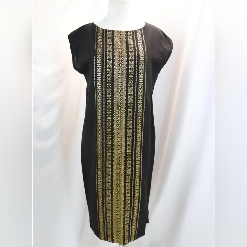 Vintage 1960's Black & Gold Metallic Embroidered Shift Dress